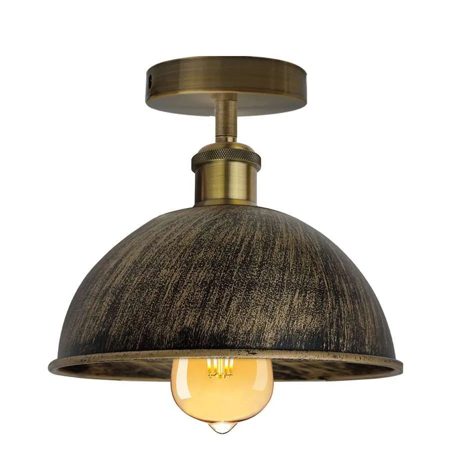 Industrial Semi-Flush Ceiling Light – E27, Dome or Flat Shade - Green Brass, Dome 21 cm Brushed Brass, Without Bulb