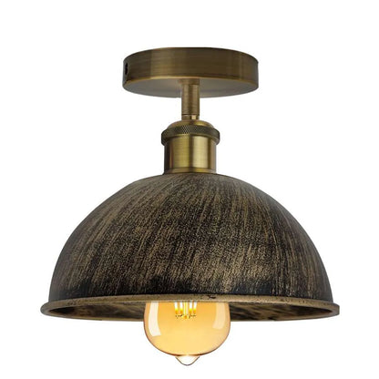 Industrial Semi-Flush Ceiling Light – E27, Dome or Flat Shade - Green Brass, Dome 21 cm Brushed Brass, Without Bulb