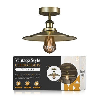 Industrial Semi-Flush Ceiling Light – E27, Dome or Flat Shade - Green Brass, Flat Green Brass, Without Bulb