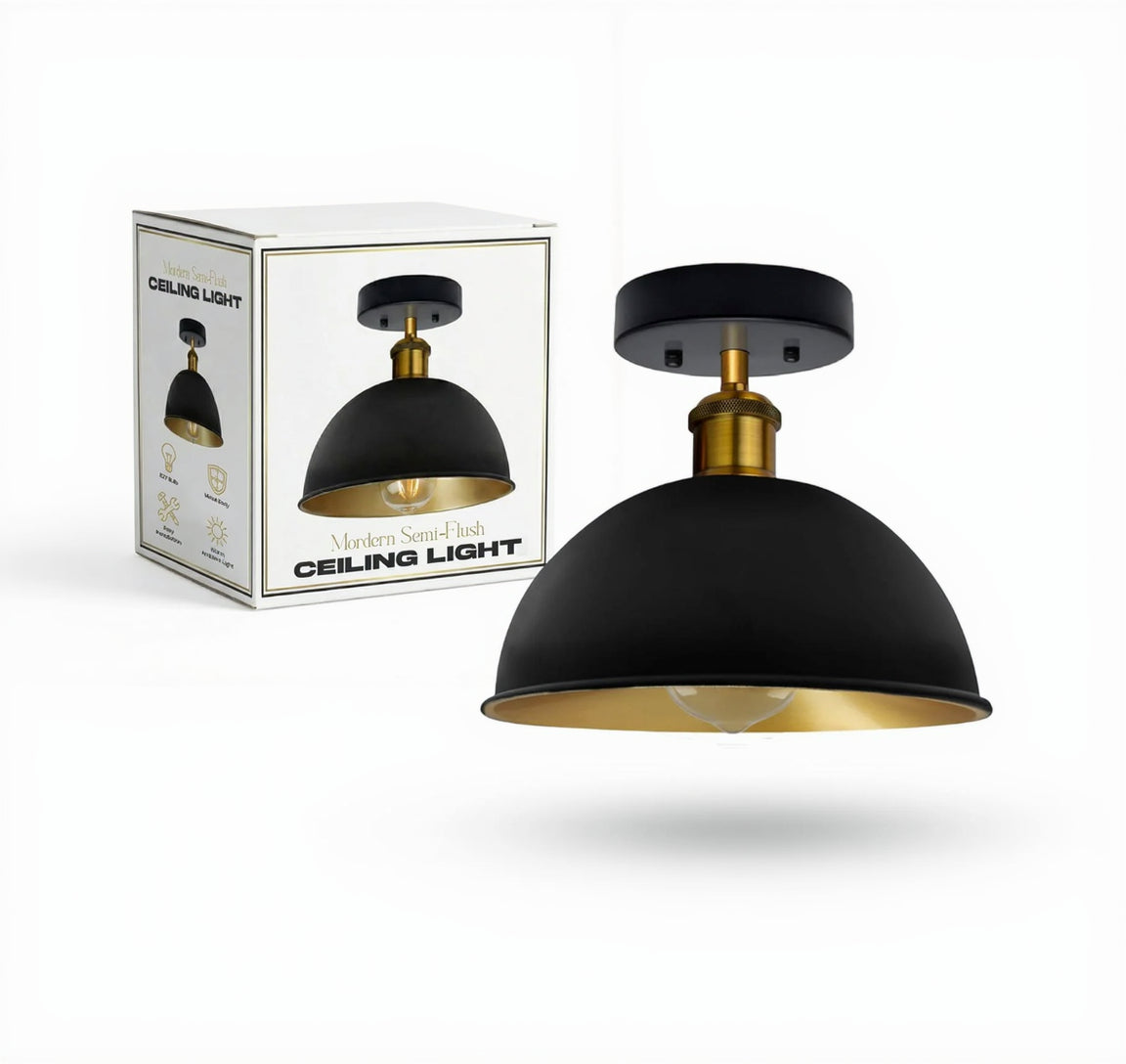 Industrial Semi-Flush Ceiling Light – E27, Dome or Flat Shade - Yellow Brass, Dome 21 cm Black & Gold, Without Bulb