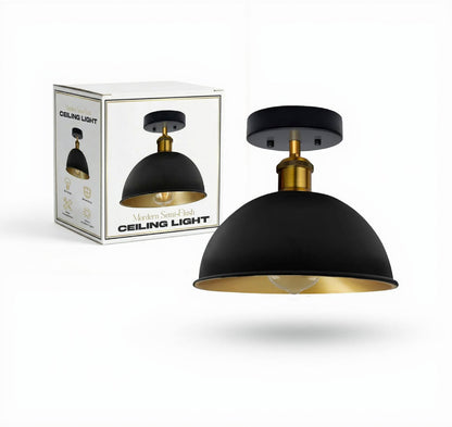 Industrial Semi-Flush Ceiling Light – E27, Dome or Flat Shade - Yellow Brass, Dome 21 cm Black & Gold, Without Bulb