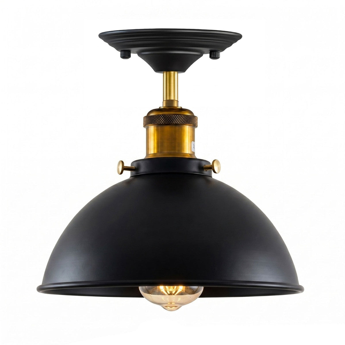 Industrial Semi-Flush Ceiling Light – E27, Dome or Flat Shade - Yellow Brass, Dome 21 cm Black, ST64 LED Bulb 4W