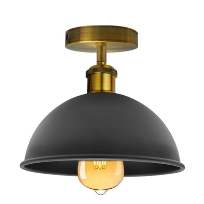 Industrial Semi-Flush Ceiling Light – E27, Dome or Flat Shade - Yellow Brass, Dome 21 cm Black, Without Bulb