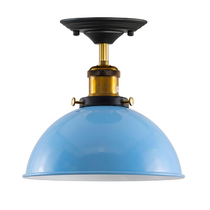 Industrial Semi-Flush Ceiling Light – E27, Dome or Flat Shade - Yellow Brass, Dome 21 cm Blue, Without Bulb