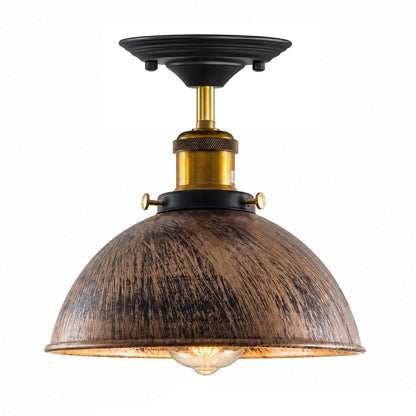 Industrial Semi-Flush Ceiling Light – E27, Dome or Flat Shade - Yellow Brass, Dome 21 cm Brushed Copper, ST64 LED Bulb 4W