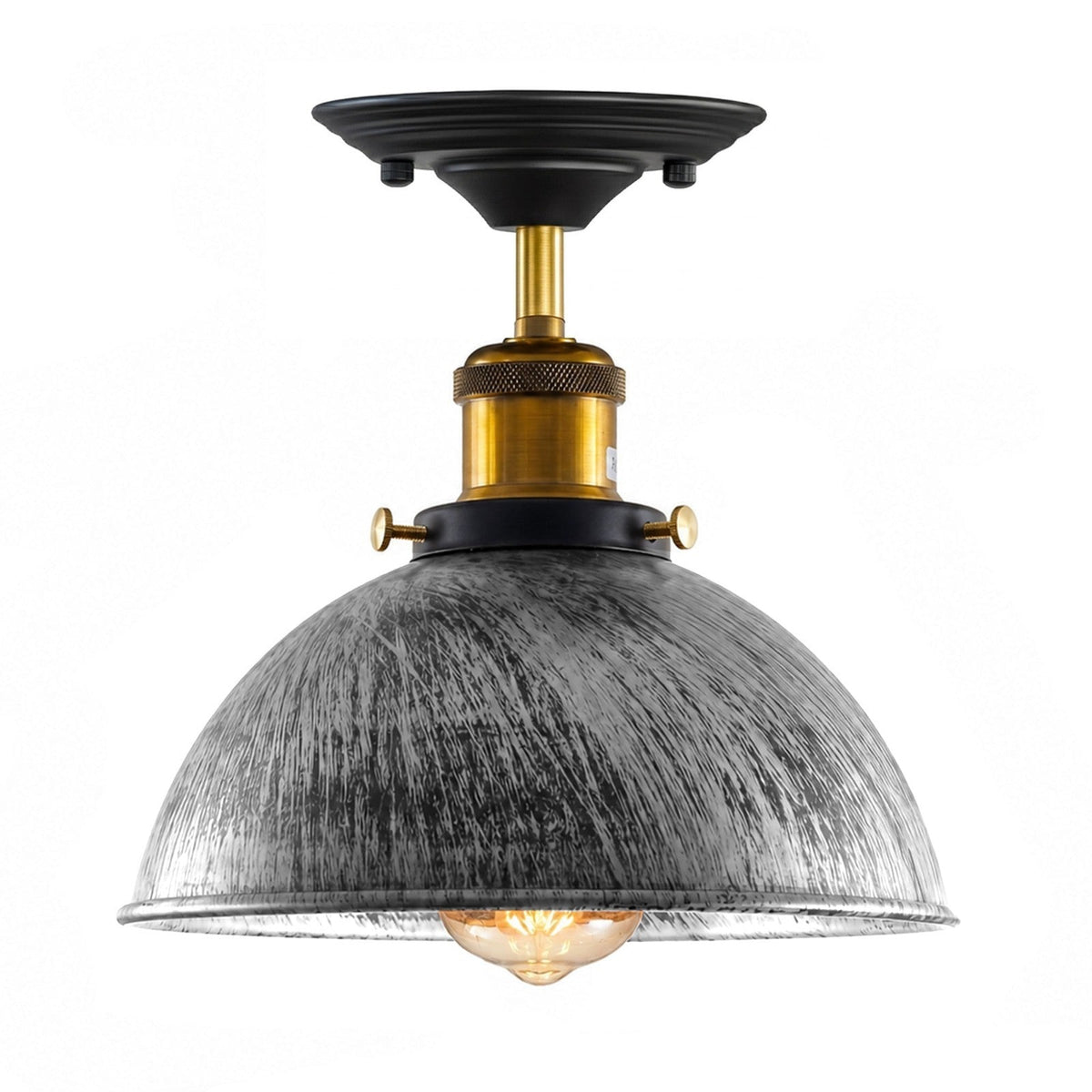 Industrial Semi-Flush Ceiling Light – E27, Dome or Flat Shade - Yellow Brass, Dome 21 cm Brushed Silver 140 mm Rose Shade Ring, Without Bulb