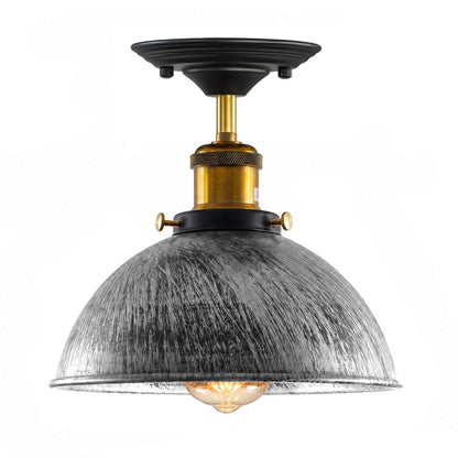 Industrial Semi-Flush Ceiling Light – E27, Dome or Flat Shade - Yellow Brass, Dome 21 cm Brushed Silver 140 mm Rose Shade Ring, Without Bulb