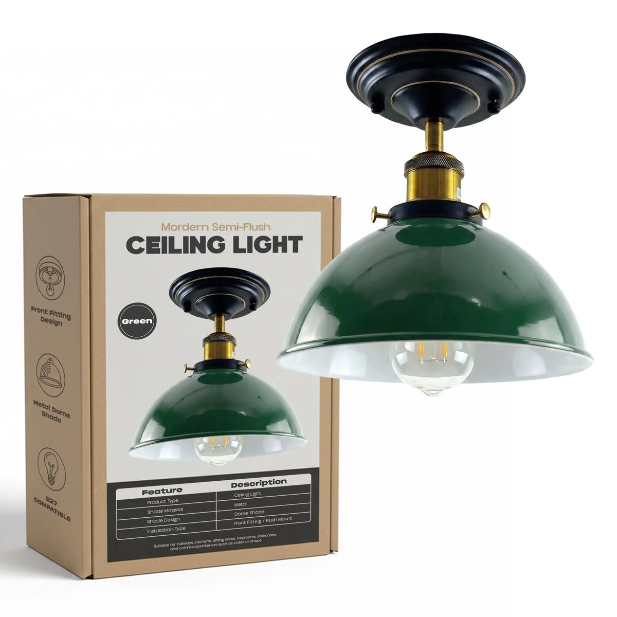 Industrial Semi-Flush Ceiling Light – E27, Dome or Flat Shade - Yellow Brass, Dome 21 cm Green 140 mm Rose Shade Ring, Without Bulb