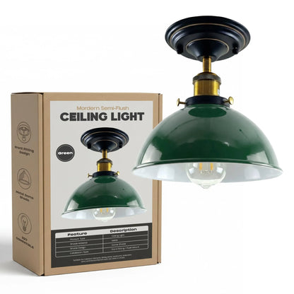 Industrial Semi-Flush Ceiling Light – E27, Dome or Flat Shade - Yellow Brass, Dome 21 cm Green 140 mm Rose Shade Ring, Without Bulb