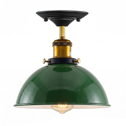 Industrial Semi-Flush Ceiling Light – E27, Dome or Flat Shade - Yellow Brass, Dome 21 cm Green, ST64 LED Bulb 4W