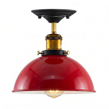 Industrial Semi-Flush Ceiling Light – E27, Dome or Flat Shade - Yellow Brass, Dome 21 cm Red, ST64 LED Bulb 4W
