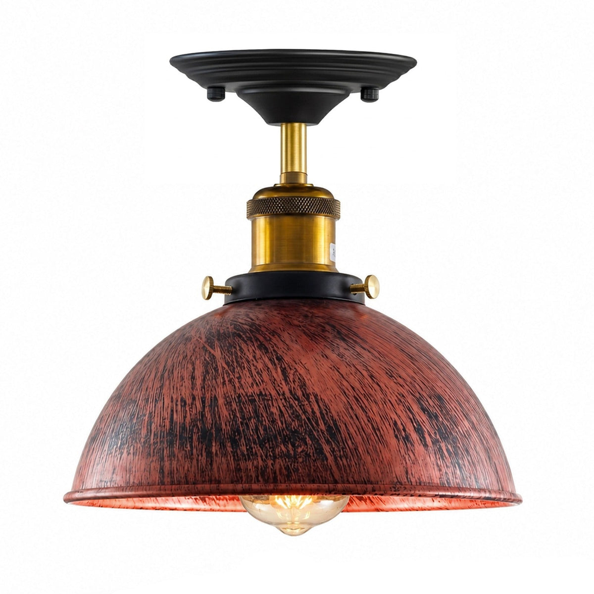 Industrial Semi-Flush Ceiling Light – E27, Dome or Flat Shade - Yellow Brass, Dome 21 cm Rustic Red 140 mm Rose Shade Ring, Without Bulb