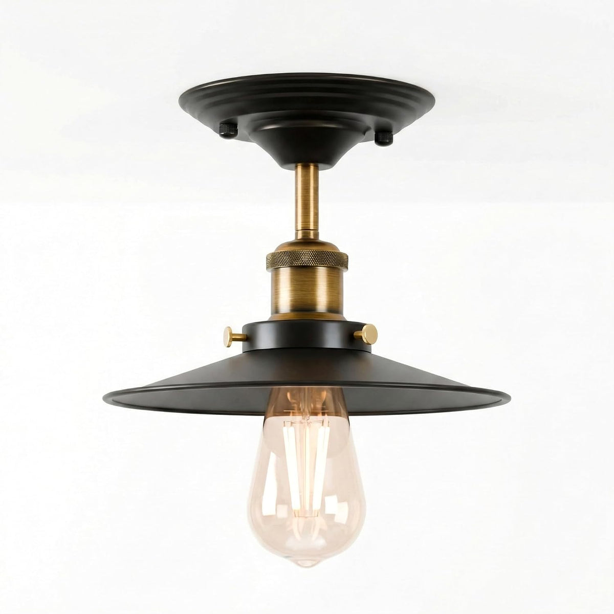 Industrial Semi-Flush Ceiling Light – E27, Dome or Flat Shade - Yellow Brass, Flat Black 140 mm Rose Shade Ring, Without Bulb