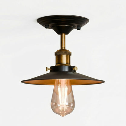 Industrial Semi-Flush Ceiling Light – E27, Dome or Flat Shade - Yellow Brass, Flat Black & Gold 140 mm Rose Shade Ring, Without Bulb