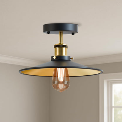 Industrial Semi-Flush Ceiling Light – E27, Dome or Flat Shade - Yellow Brass, Flat Black & Gold Shade Ring, Without Bulb