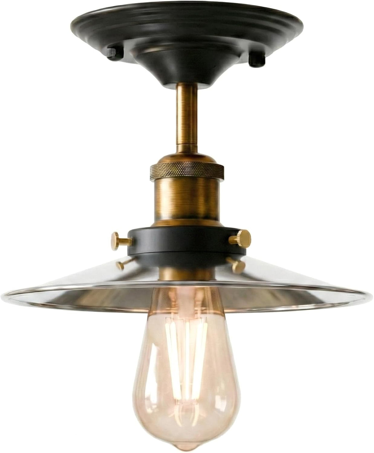 Industrial Semi-Flush Ceiling Light – E27, Dome or Flat Shade - Yellow Brass, Flat Chrome, Without Bulb