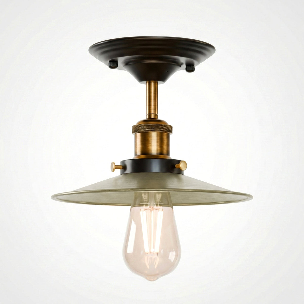 Industrial Semi-Flush Ceiling Light – E27, Dome or Flat Shade - Yellow Brass, Flat Green Brass, Without Bulb