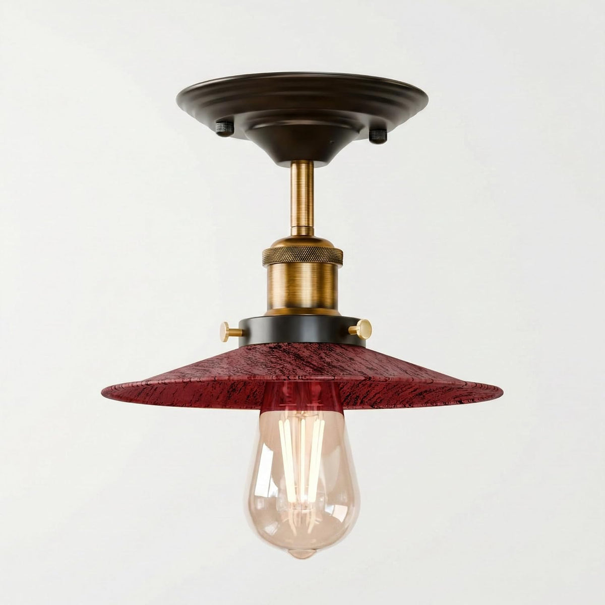 Industrial Semi-Flush Ceiling Light – E27, Dome or Flat Shade - Yellow Brass, Flat Rustic Red, Without Bulb