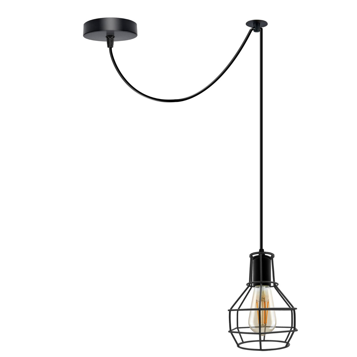 Cage Pendant Light – Swag or Offset Hook, 4 Finishes, E27 - Black, Swag, 120 mm Rose & Hook, Without Bulb