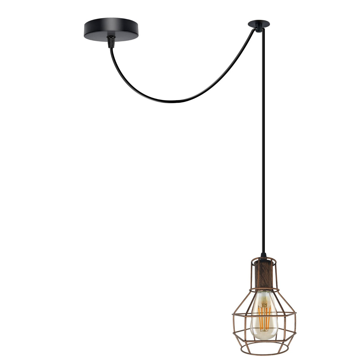 Cage Pendant Light – Swag or Offset Hook, 4 Finishes, E27 - Brushed Copper, Swag, 120 mm Rose & Hook, Without Bulb