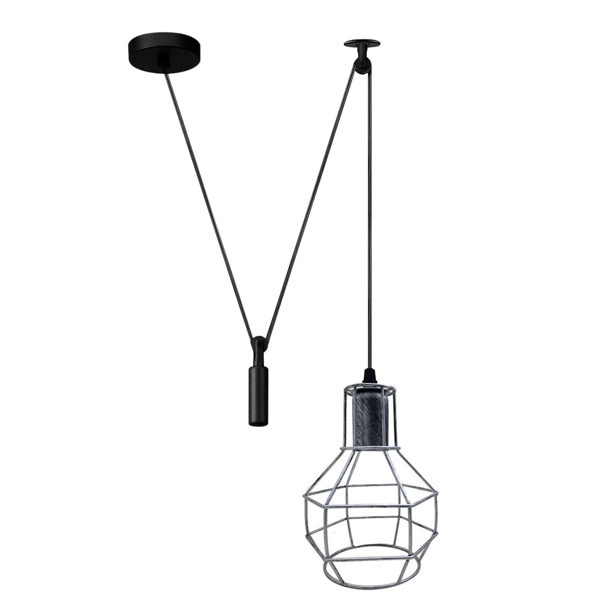 Cage Pendant Light – Swag or Offset Hook, 4 Finishes, E27 - Brushed Silver, Offset Hook & Cable Weight, Without Bulb