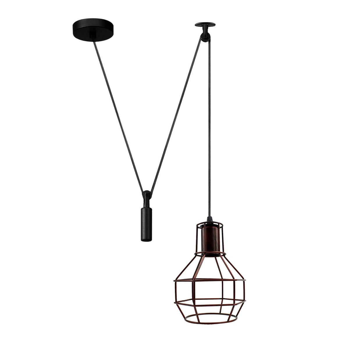 Cage Pendant Light – Swag or Offset Hook, 4 Finishes, E27 - Rustic Red, Offset Hook & Cable Weight, Without Bulb