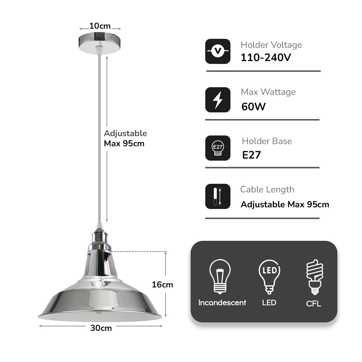 Chrome Pendant Light with Metal Shade – 4 Shade Styles, E27 - photo 3