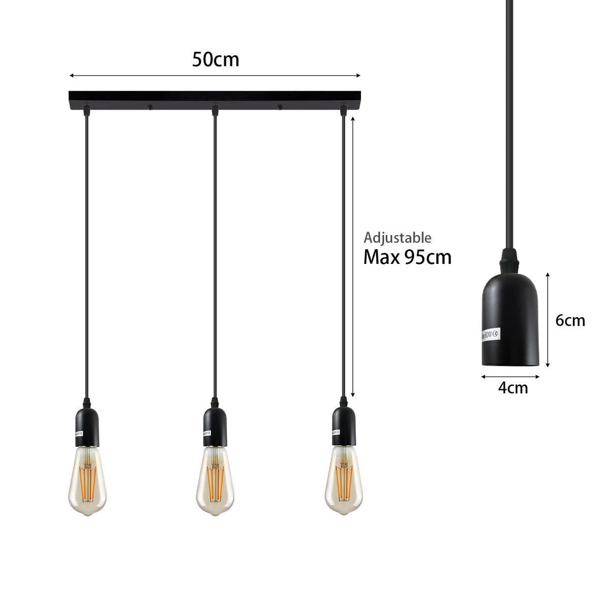 3-Light Cluster Pendant – Bar or Round Plate, 5 Metal Finishes, E27