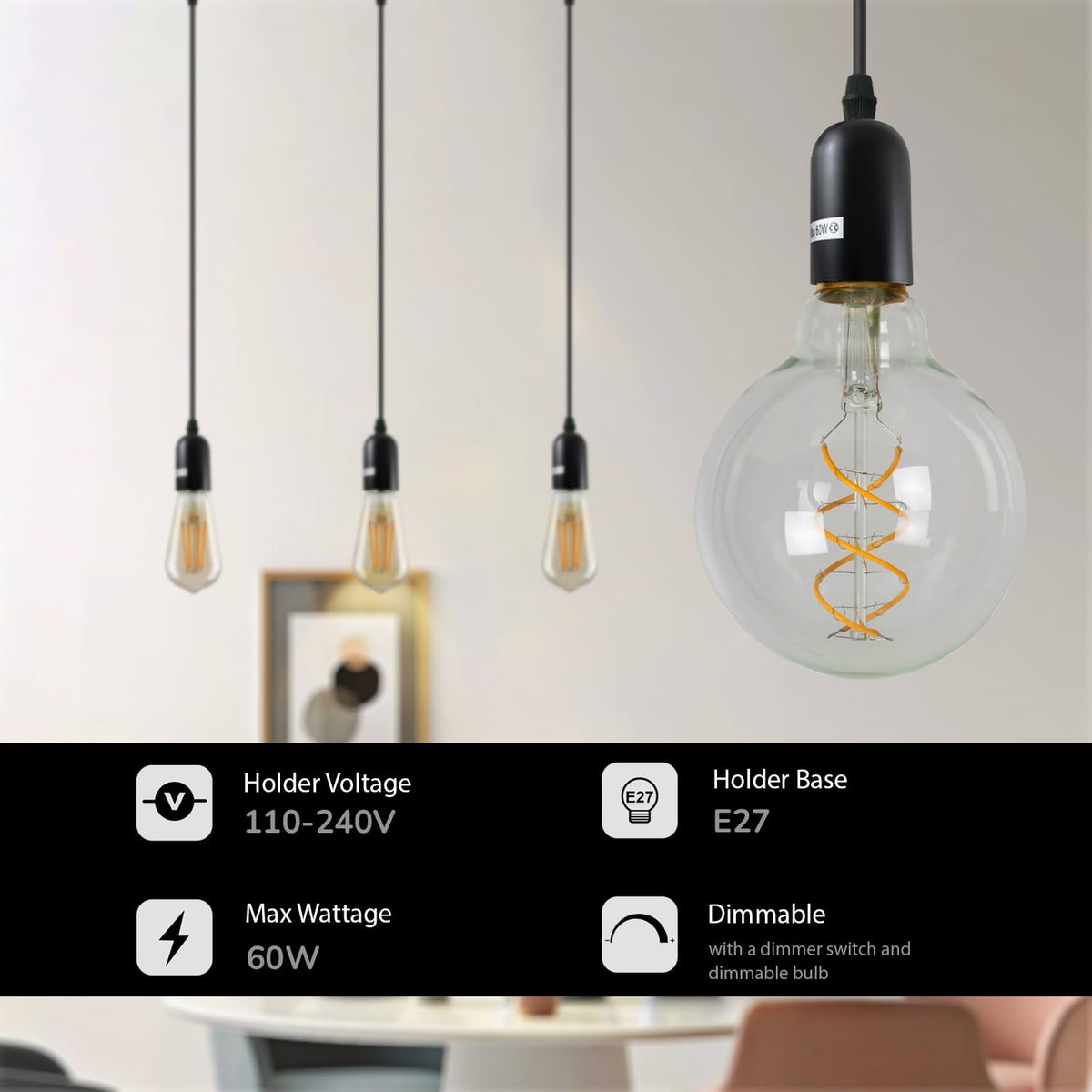 3-Light Cluster Pendant – Bar or Round Plate, 5 Metal Finishes, E27 - photo 4