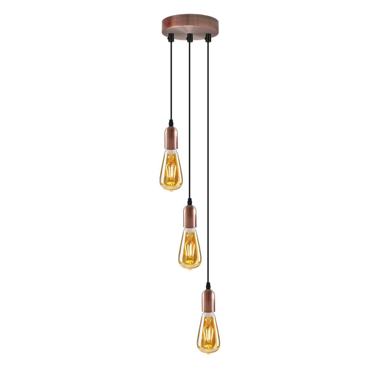 3-Light Cluster Pendant – Bar or Round Plate, 5 Metal Finishes, E27 - Copper, No Shade, Round Plate, ST64 Bulb