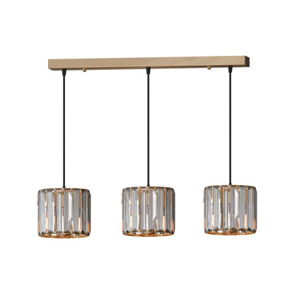 3-Light Cluster Pendant – Bar or Round Plate, 5 Metal Finishes, E27 - French Gold, Crystal Drum 12 cm, Ceiling Bar, Without Bulb
