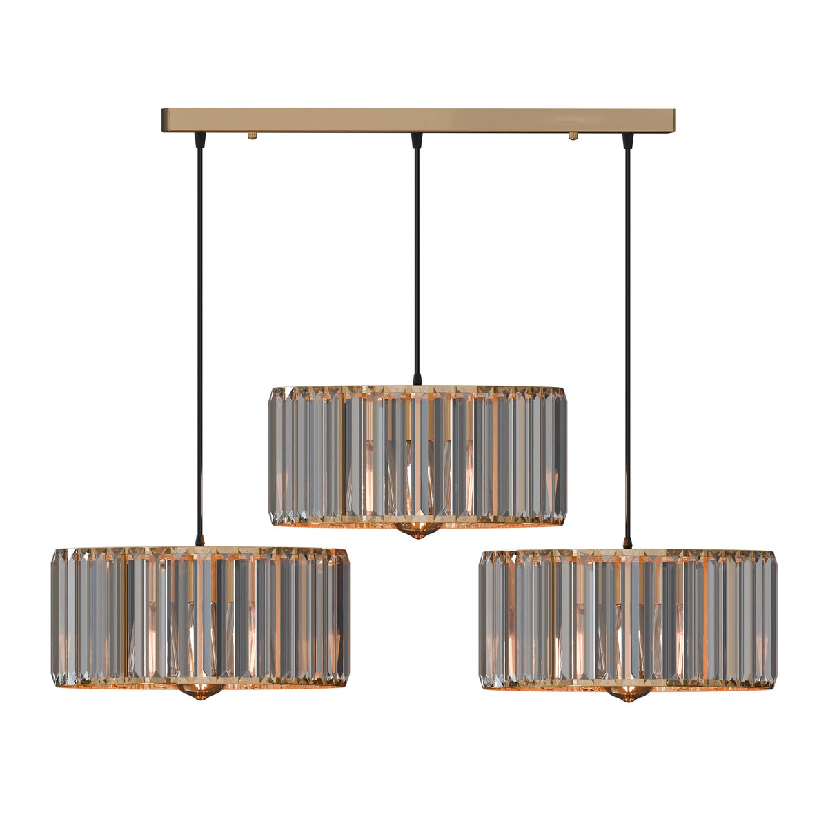3-Light Cluster Pendant – Bar or Round Plate, 5 Metal Finishes, E27 - French Gold, Crystal Drum 30 cm, Ceiling Bar, Without Bulb