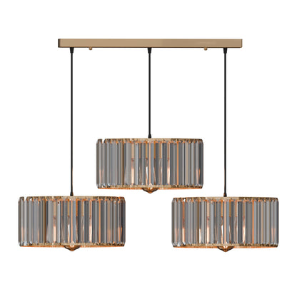 3-Light Cluster Pendant – Bar or Round Plate, 5 Metal Finishes, E27 - French Gold, Crystal Drum 30 cm, Ceiling Bar, Without Bulb
