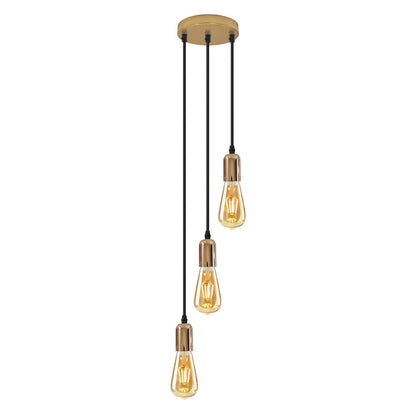 3-Light Cluster Pendant – Bar or Round Plate, 5 Metal Finishes, E27 - French Gold, No Shade, Round Plate, ST64 Bulb