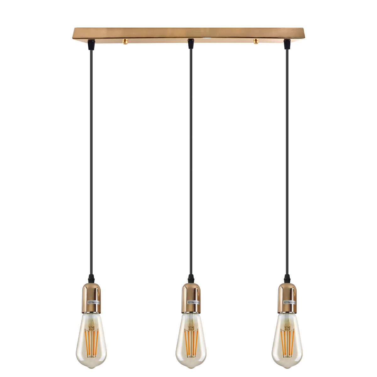 3-Light Cluster Pendant – Bar or Round Plate, 5 Metal Finishes, E27 - French Gold, No Shade, Ceiling Bar, ST64 Bulb