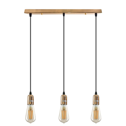 3-Light Cluster Pendant – Bar or Round Plate, 5 Metal Finishes, E27 - French Gold, No Shade, Ceiling Bar, ST64 Bulb