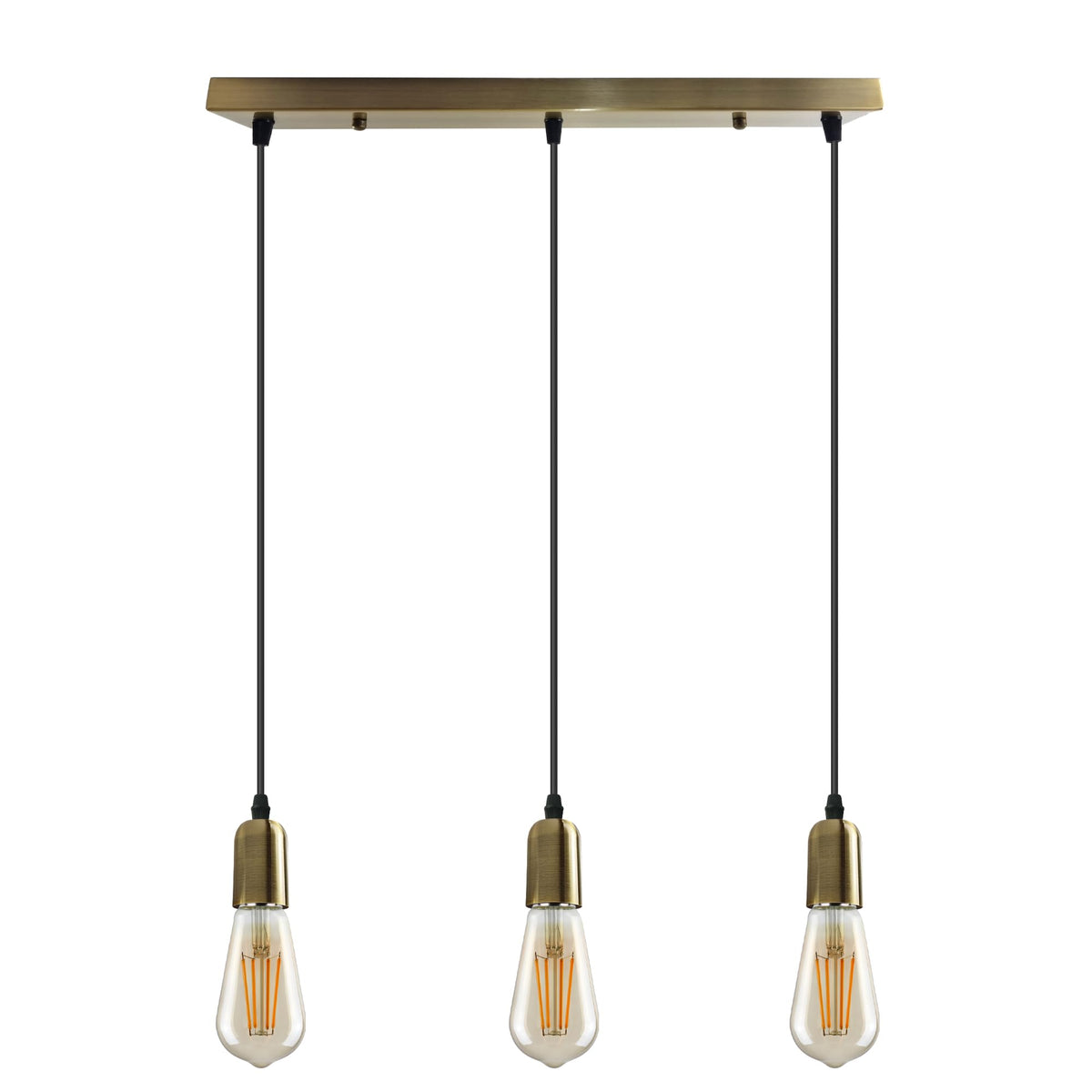 3-Light Cluster Pendant – Bar or Round Plate, 5 Metal Finishes, E27 - Green Brass, No Shade, Ceiling Bar, ST64 Bulb