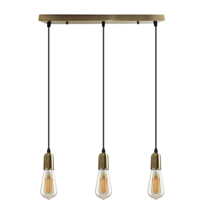 3-Light Cluster Pendant – Bar or Round Plate, 5 Metal Finishes, E27 - Green Brass, No Shade, Ceiling Bar, ST64 Bulb