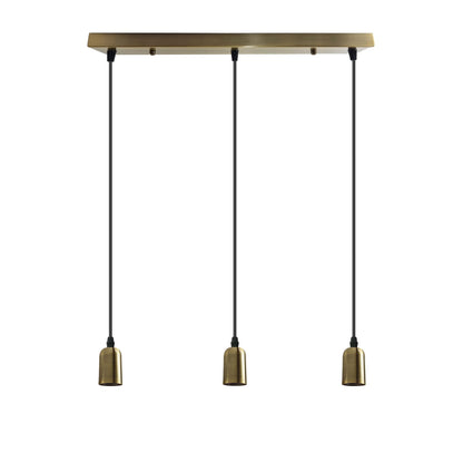 3-Light Cluster Pendant – Bar or Round Plate, 5 Metal Finishes, E27 - Green Brass, No Shade, Ceiling Bar, Without Bulb
