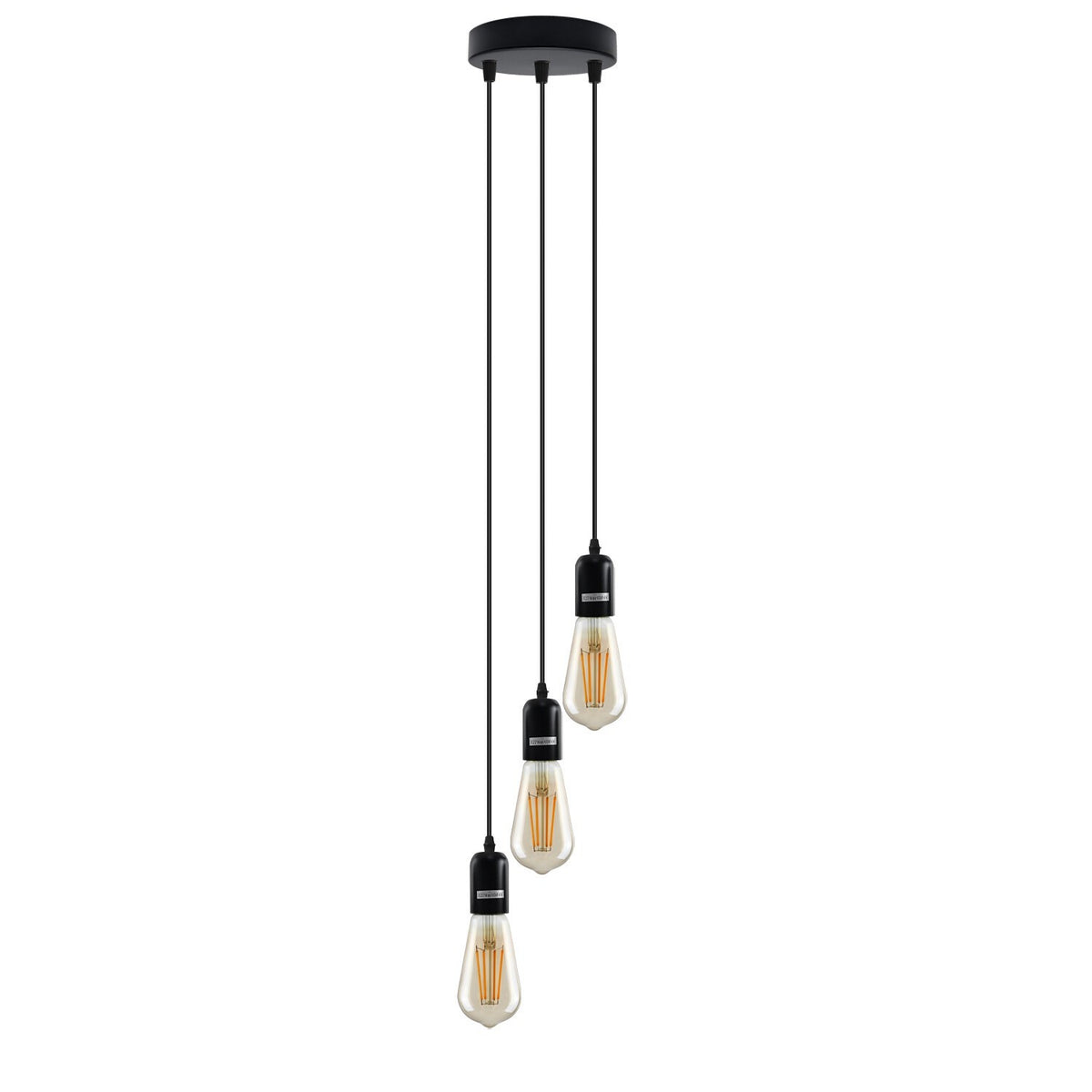 3-Light Cluster Pendant – Bar or Round Plate, 5 Metal Finishes, E27 - Matt Black, No Shade, Round Plate, ST64 Bulb