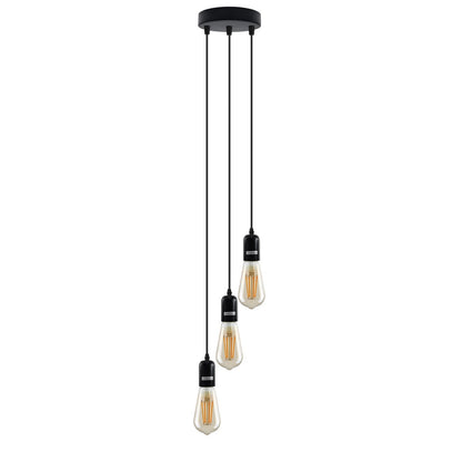 3-Light Cluster Pendant – Bar or Round Plate, 5 Metal Finishes, E27 - Matt Black, No Shade, Round Plate, ST64 Bulb