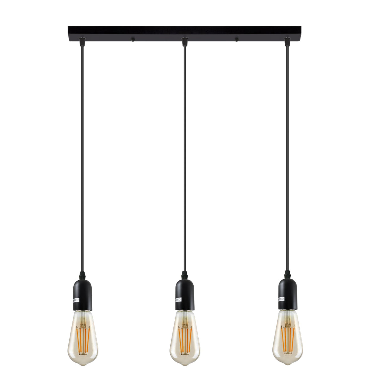 3-Light Cluster Pendant – Bar or Round Plate, 5 Metal Finishes, E27 - Matt Black, No Shade, Ceiling Bar, ST64 Bulb