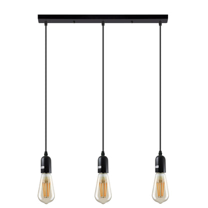 3-Light Cluster Pendant – Bar or Round Plate, 5 Metal Finishes, E27 - Matt Black, No Shade, Ceiling Bar, ST64 Bulb