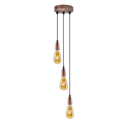 3-Light Cluster Pendant – Bar or Round Plate, 5 Metal Finishes, E27 - Rose Gold, No Shade, Round Plate, ST64 Bulb
