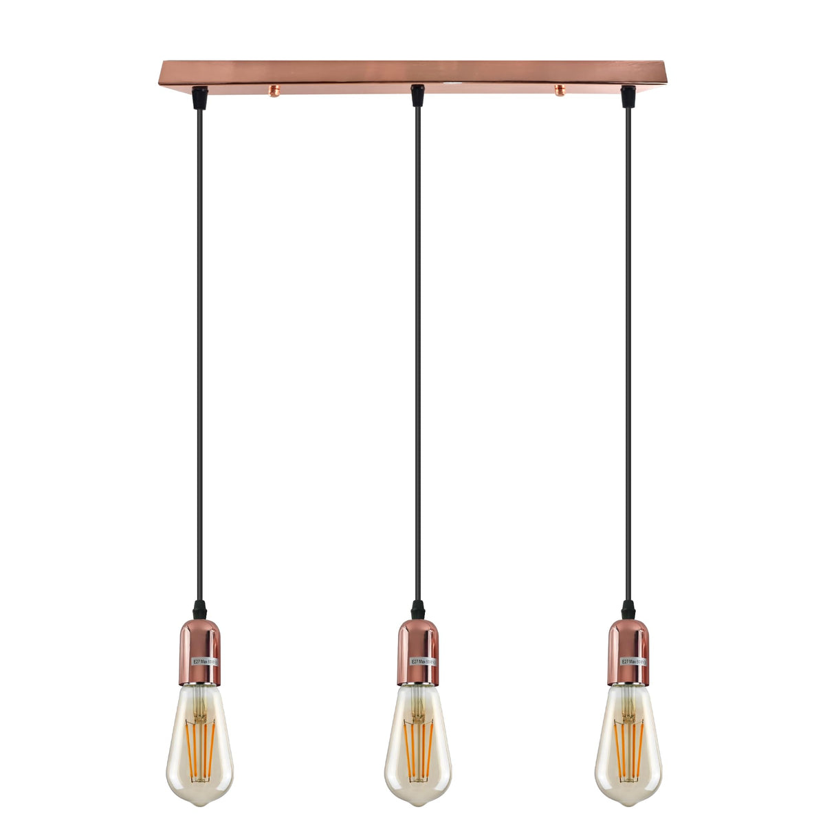 3-Light Cluster Pendant – Bar or Round Plate, 5 Metal Finishes, E27 - Rose Gold, No Shade, Ceiling Bar, ST64 Bulb