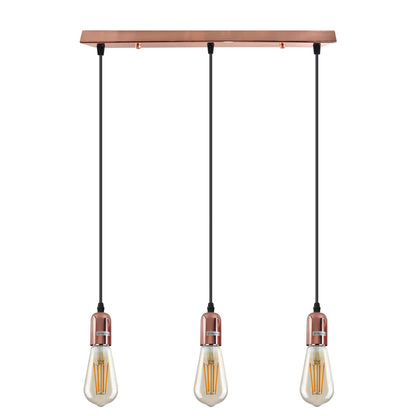 3-Light Cluster Pendant – Bar or Round Plate, 5 Metal Finishes, E27 - Rose Gold, No Shade, Ceiling Bar, ST64 Bulb