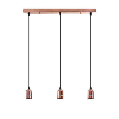 3-Light Cluster Pendant – Bar or Round Plate, 5 Metal Finishes, E27 - Rose Gold, No Shade, Ceiling Bar, Without Bulb