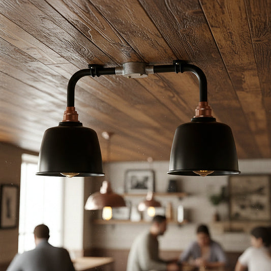 Industrial Pipe Ceiling Light – 2 Black Shades, Copper Holders, E27 - photo 2