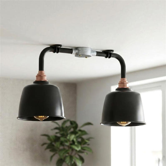 Industrial Pipe Ceiling Light – 2 Black Shades, Copper Holders, E27