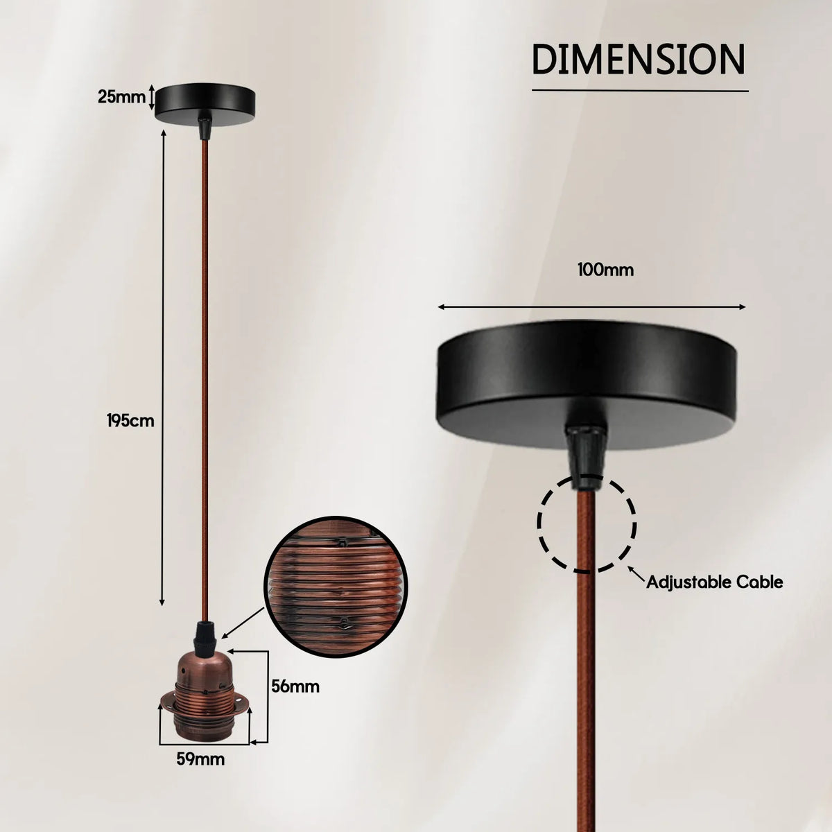 Copper Pendant Lamp Holder Set – Brown Cable, E27, Pack of 2 - photo 2